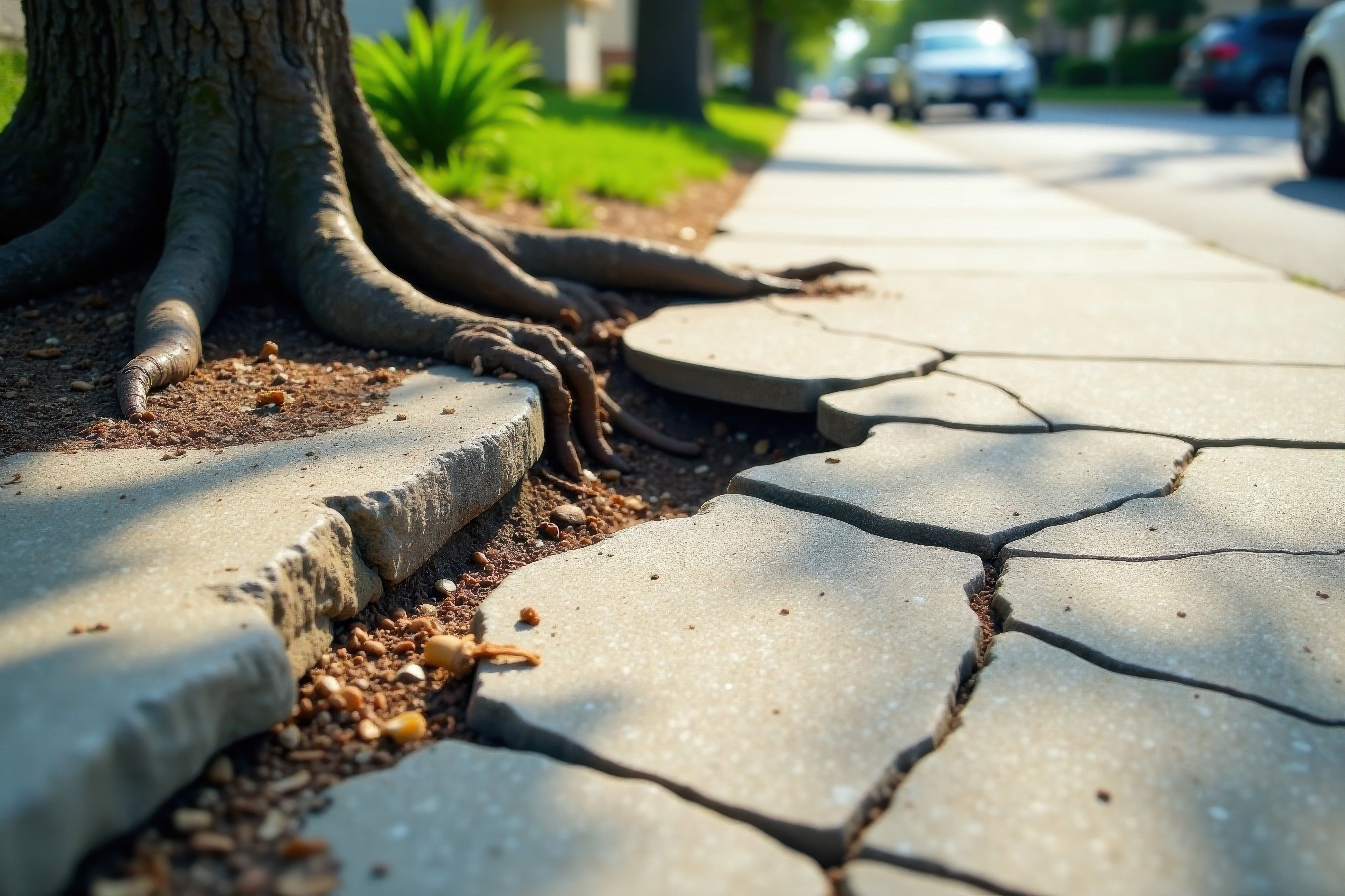 A tree's robust root system pushes against a cracked paving stone walkway, showcasing nature's persistent power and the gradual effects of time and growth.